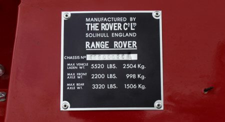 1970 Range Rover chassis no 26 build plate