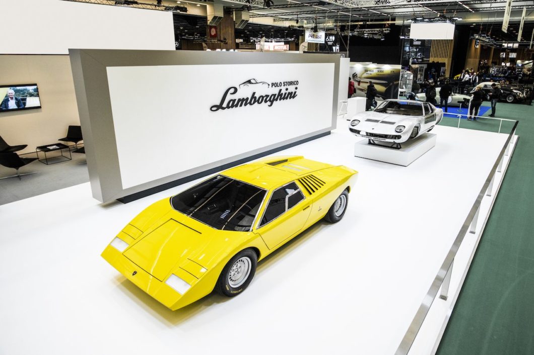 Lamborghini Polo Storico display Countach LP 500 and Miura SV at Rétromobile Paris 2022