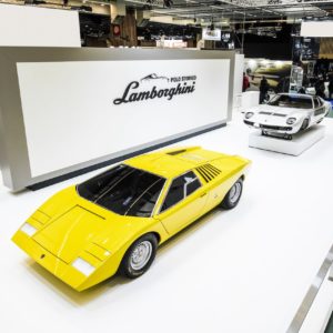 Lamborghini Polo Storico display Countach LP 500 and Miura SV at Rétromobile Paris 2022